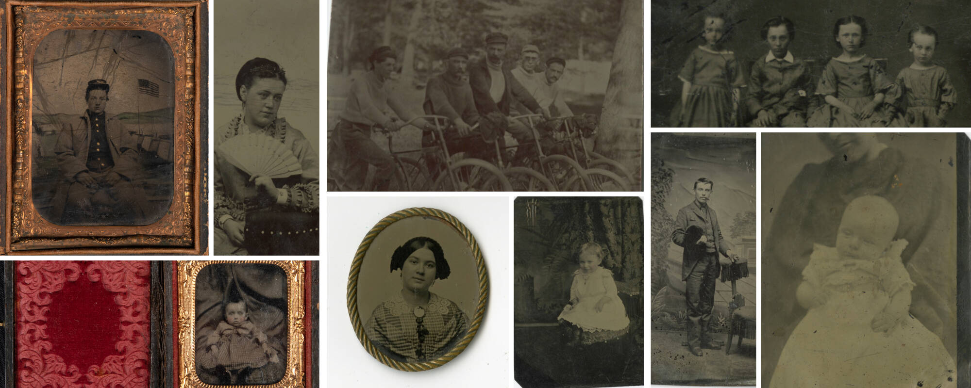 Collage of nine different images from the GVSU Art Museum Collection that represent tintypes in the collection.
